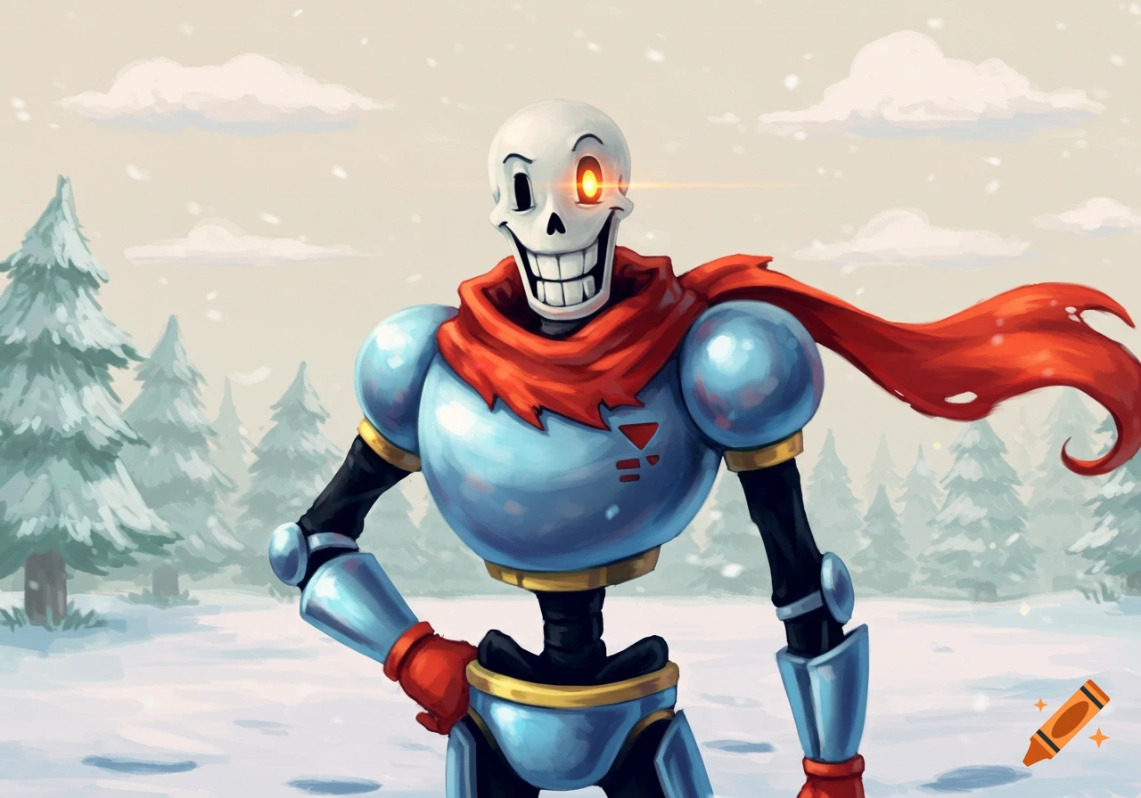 A skeletal character, Papyrus from Undertale, wearing a blue chest plate and red cape, stands smiling in a snowy forest. One eye glows orange.