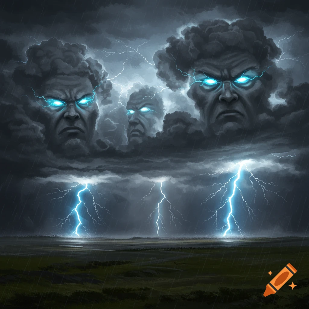 Angry faces of giants formed by dark storm clouds, with glowing blue eyes, and bright blue lightning striking a rainy landscape.