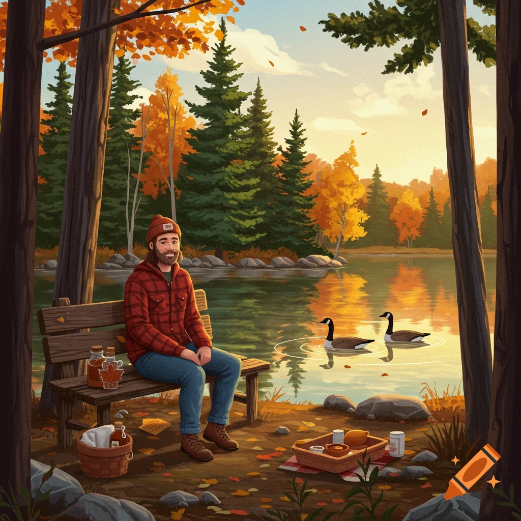 A man in a red plaid shirt sits on a bench by a lake in an autumn forest with geese.