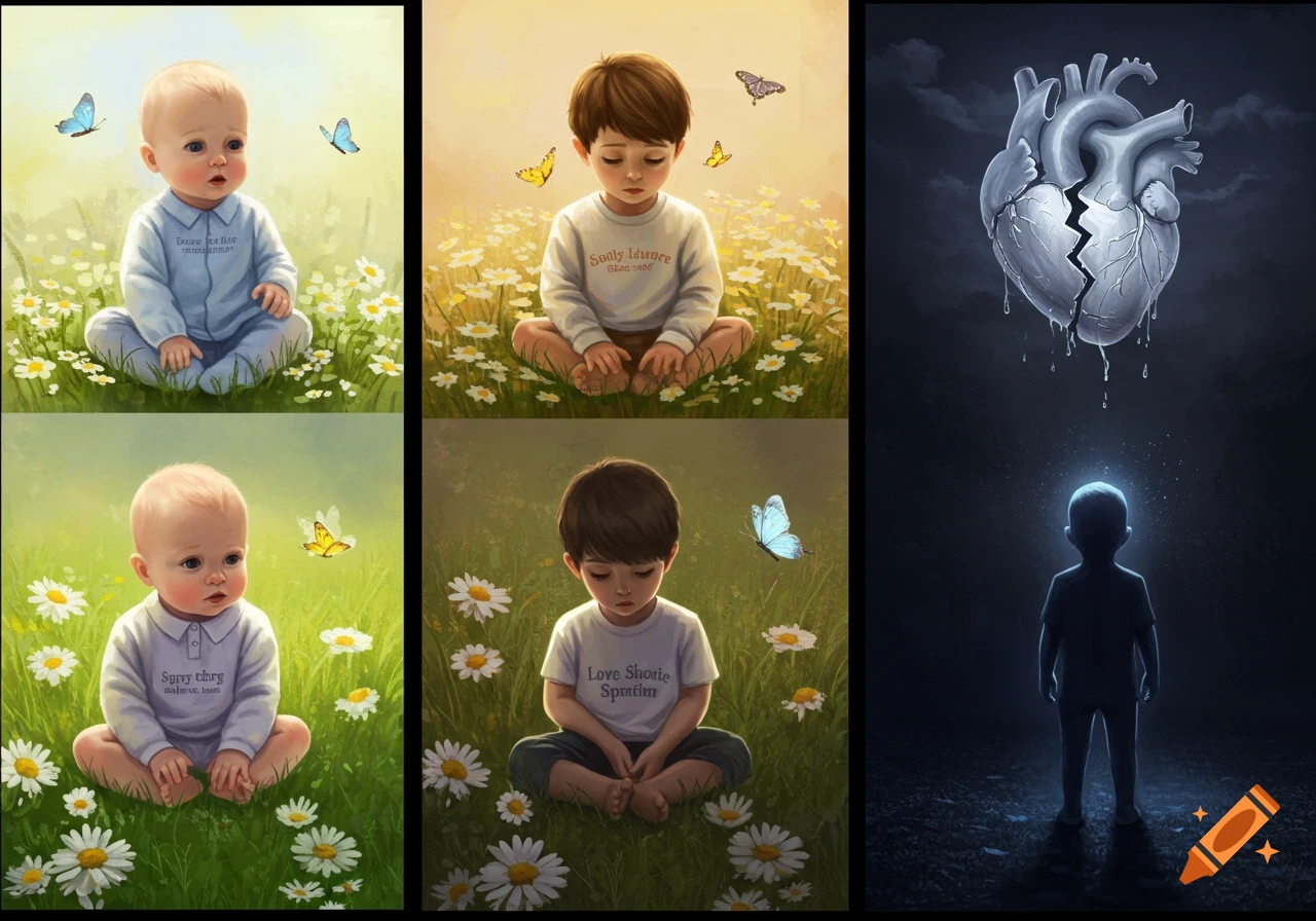 A multi-panel image showing babies and children in a field of daisies with butterflies, progressing to an older child silhouette below a broken heart, in a painted style.