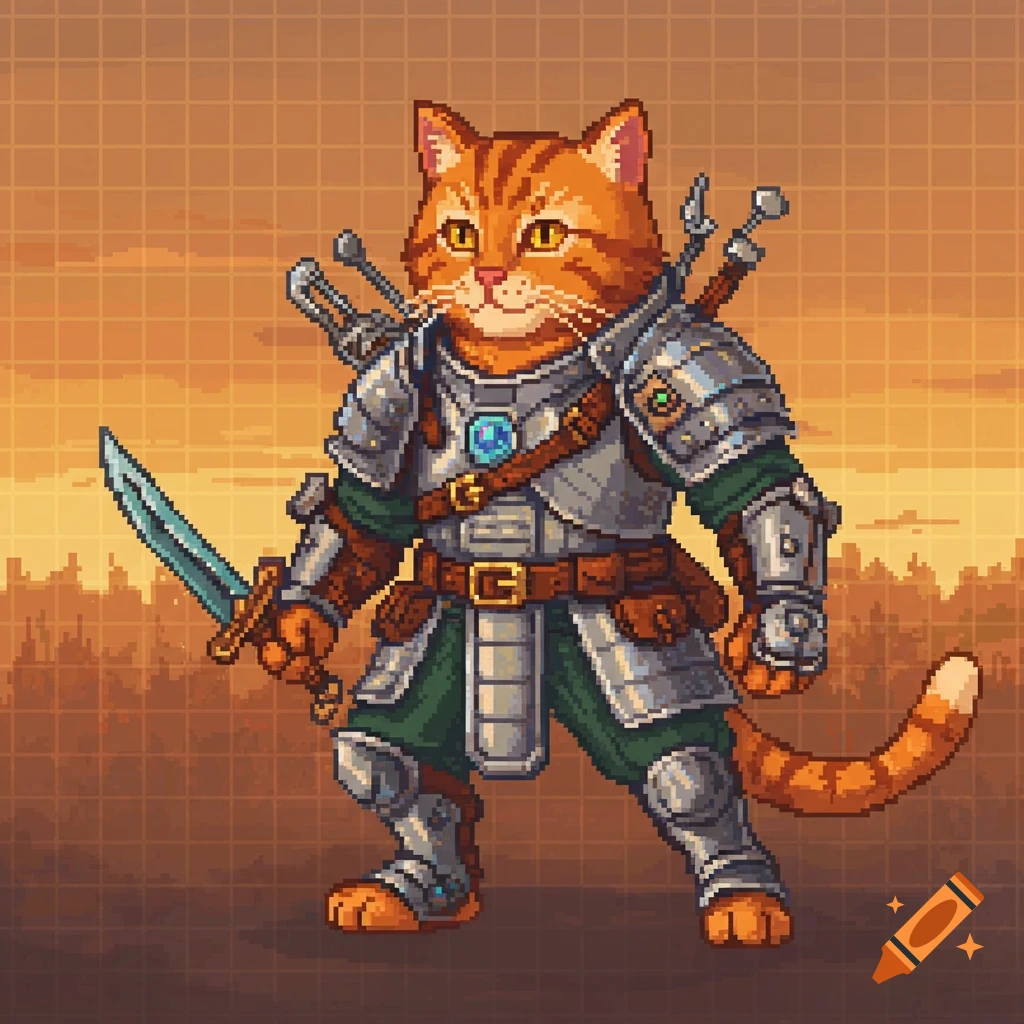 A pixel art orange tabby cat warrior in silver armor holding a sword, with a city skyline at sunset in the background.