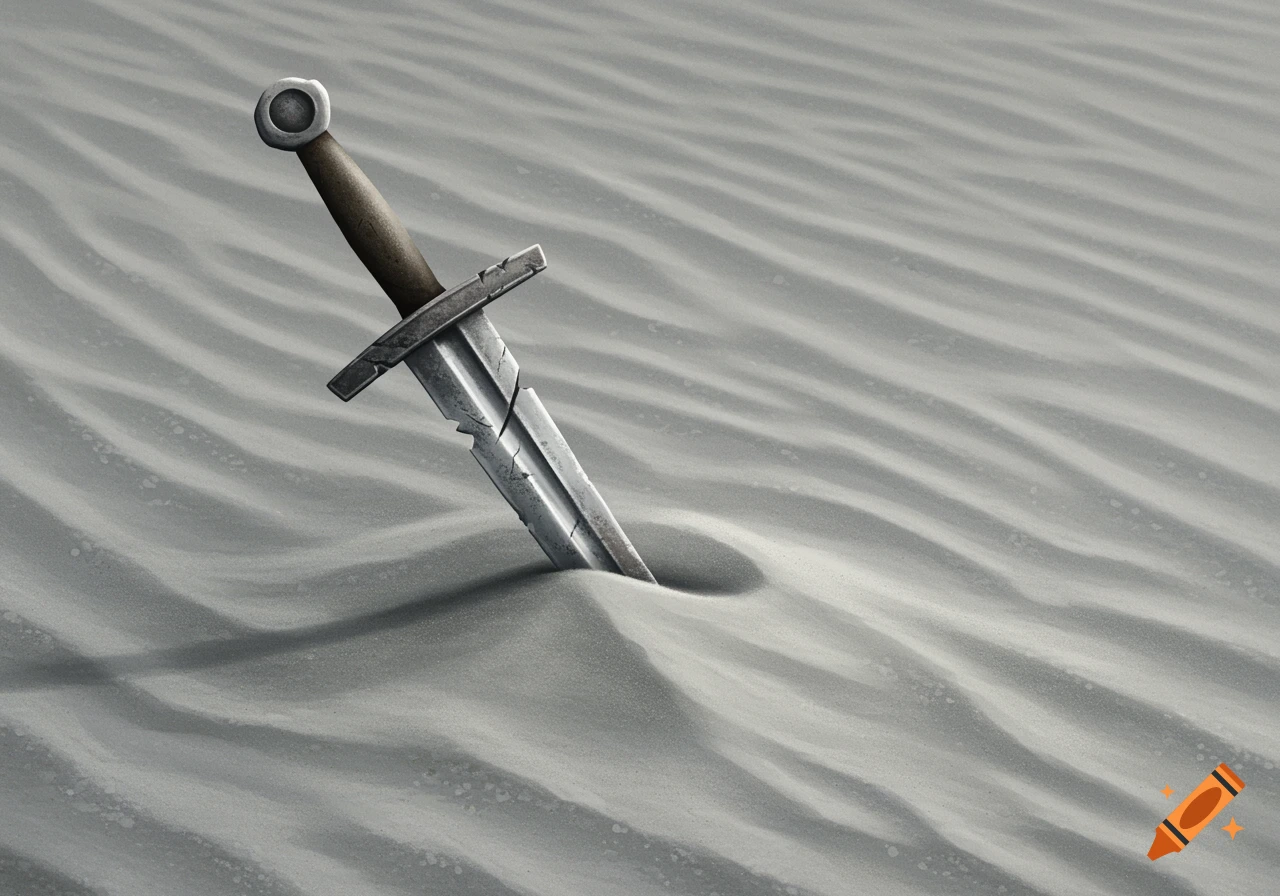 A dull, long sword with a narrow blade and a long hilt, chipped at the end, sticks out of gray sand with ripples.