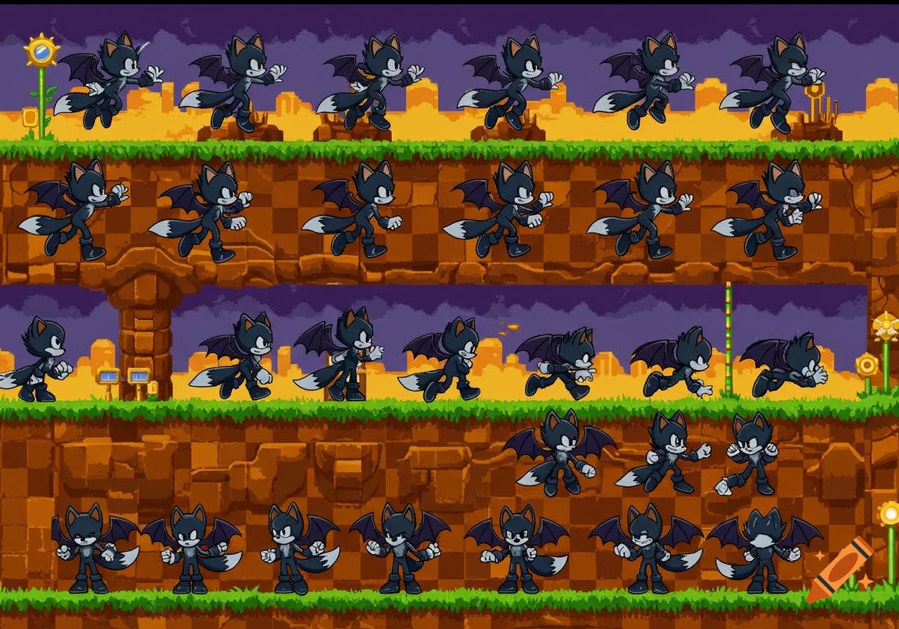 A pixel art sprite sheet of a black fox character with bat wings, rendered in a style similar to Sonic Advance.