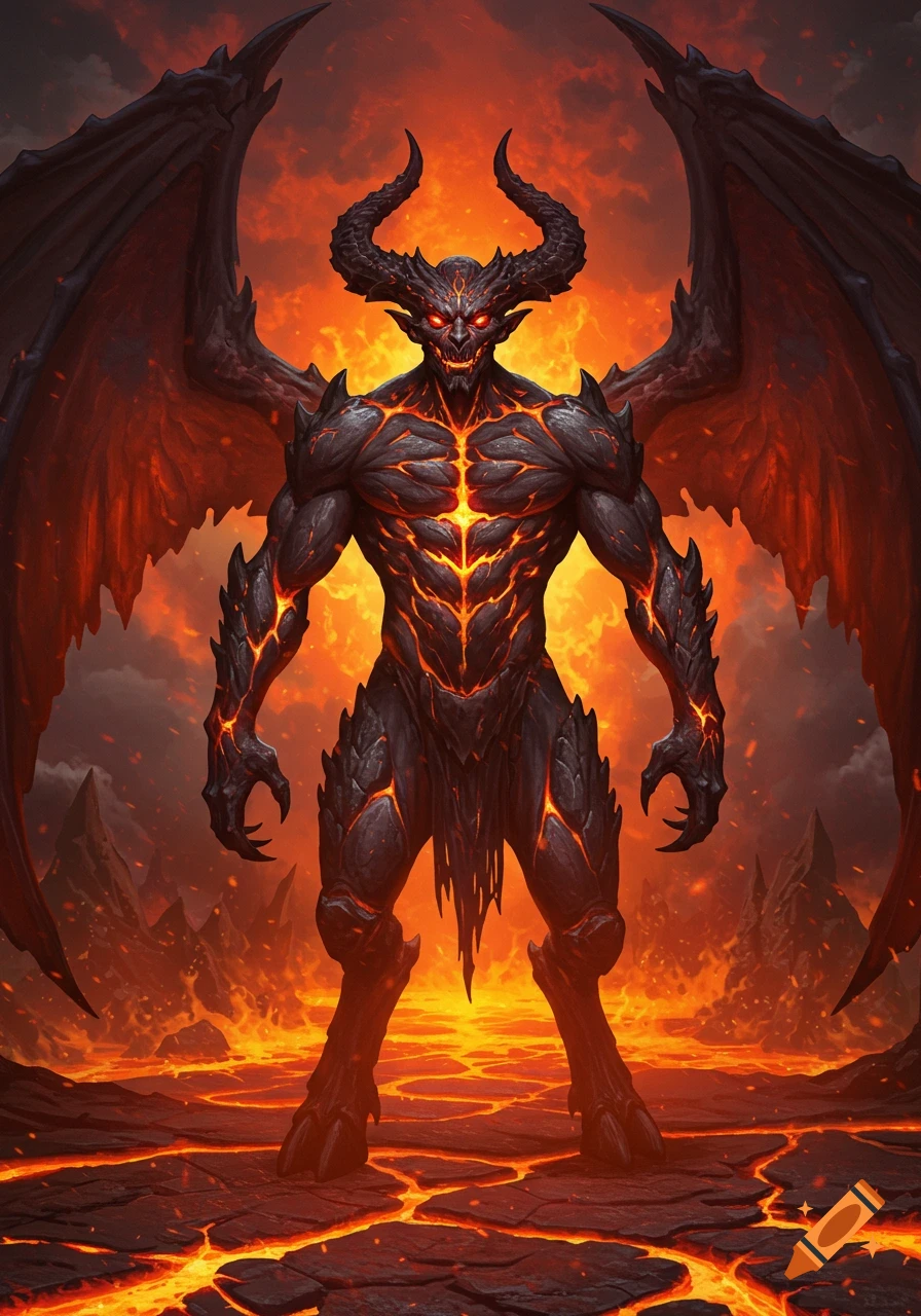 A powerful, winged demon with glowing red eyes and fiery cracks on its dark skin stands in a volcanic, hellish landscape.