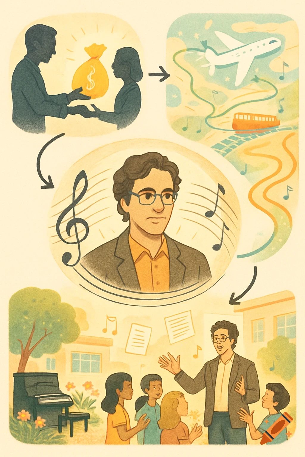 An illustrated flowchart showing a man receiving money, traveling by plane and train, and then teaching piano to children at a school.