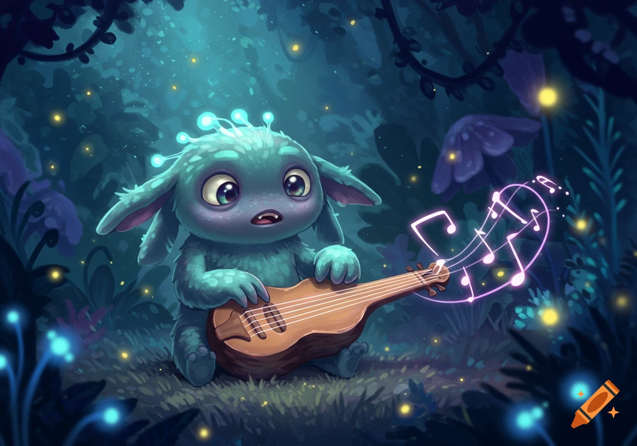 A cute, teal, fluffy creature with large eyes and glowing antennae plays a small stringed instrument in a dark, glowing fantasy forest with musical notes floating in the air.