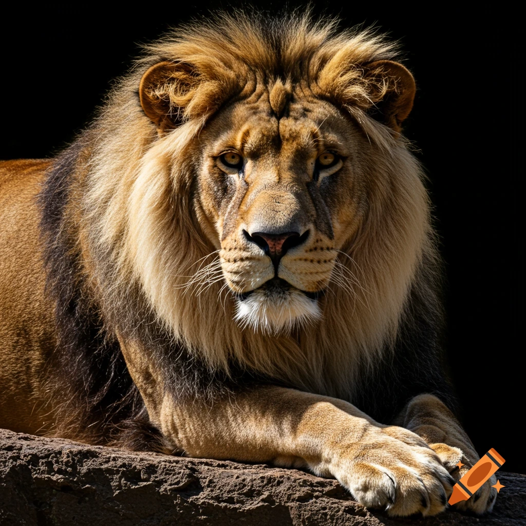 Photorealistic close-up of a majestic male lion with a full mane, resting on a rock, looking directly at the viewer.