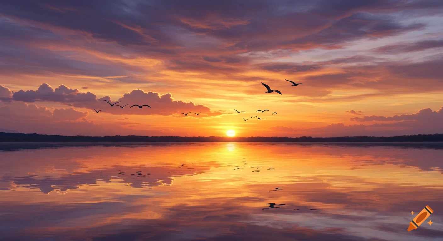 A vibrant sunset over a calm lake, with silhouetted birds flying across a sky filled with orange and purple clouds.
