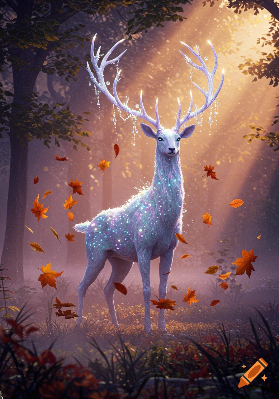 A luminous, magical white deer with crystalline antlers adorned with sparkling jewels stands in an enchanted, sunlit autumn forest with falling leaves.
