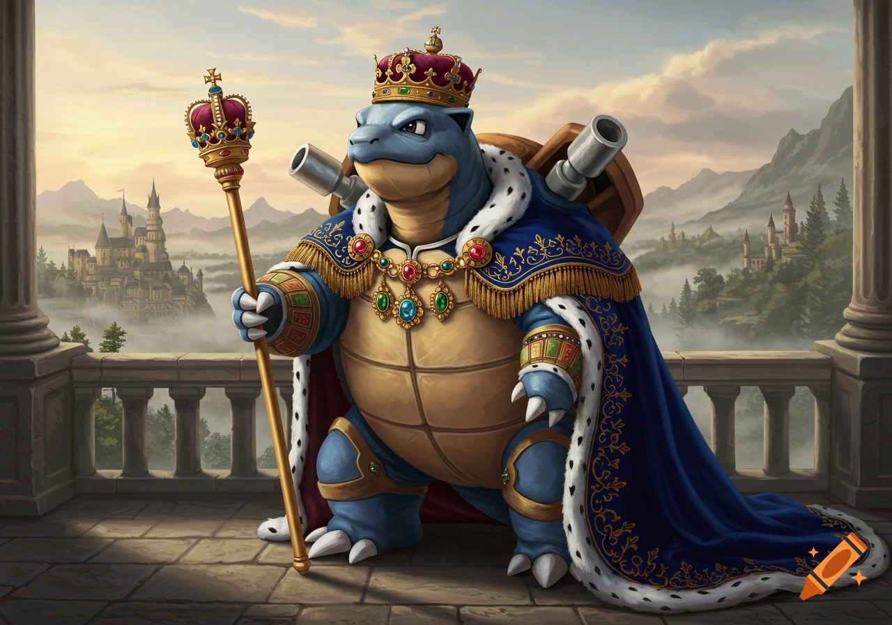 A majestic Blastoise dressed as a king, wearing a crown and royal blue robe, holding a scepter, overlooking a foggy castle valley.