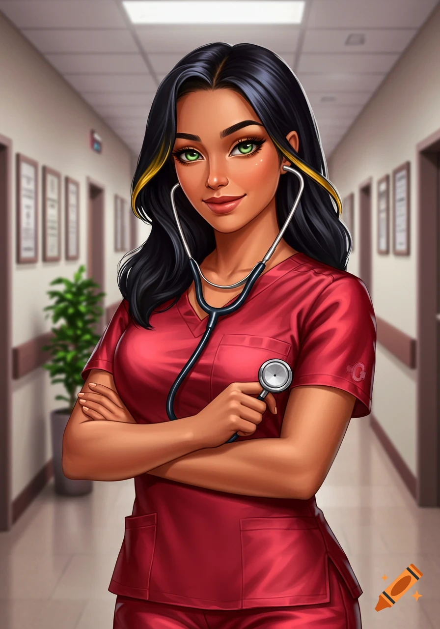 Anime-style nurse with black hair and gold ends, wearing red scrubs and a stethoscope, standing in a hospital hallway.