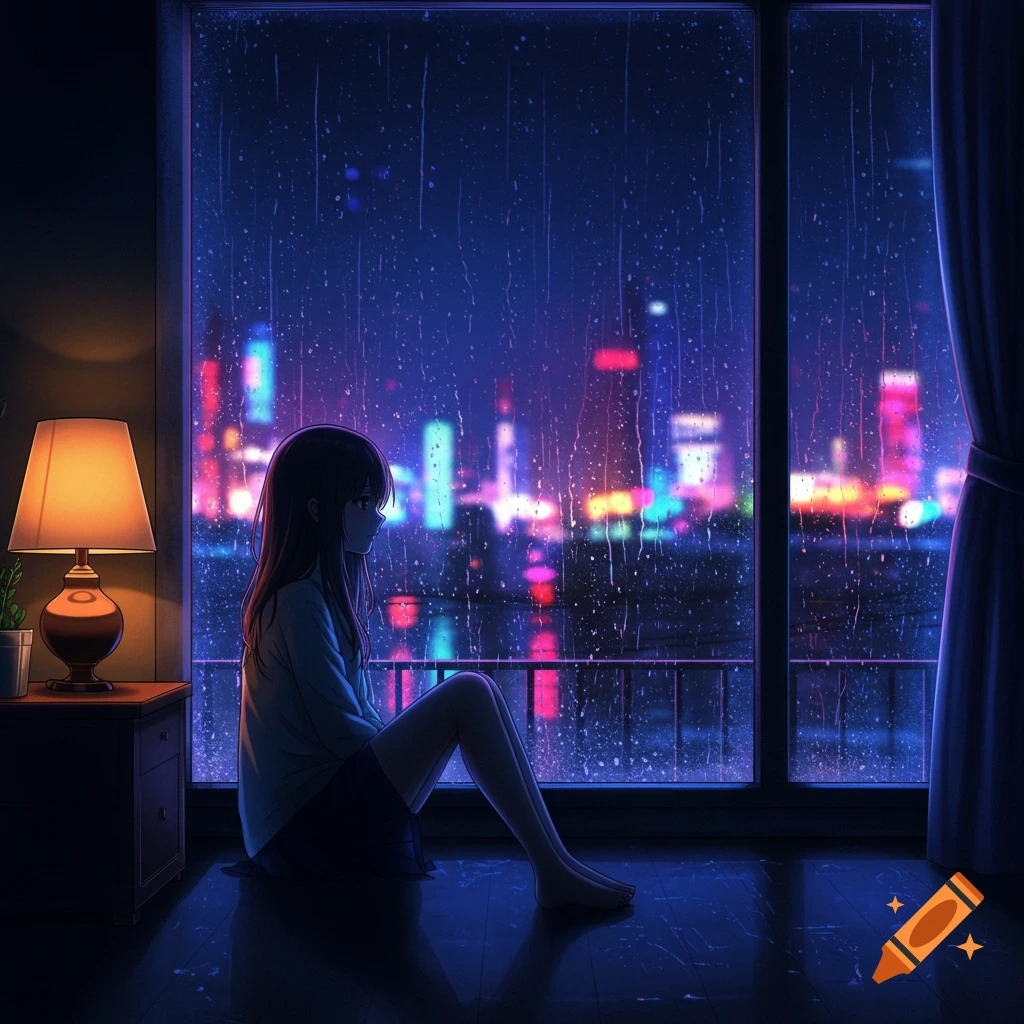 A lonely anime girl sits by a window at night, watching rain fall and neon city lights glow. The image has soft blue and purple tones.