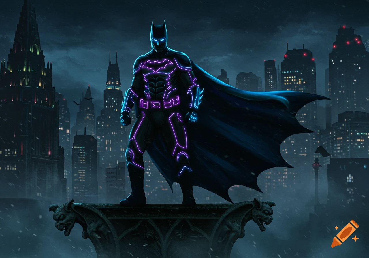Batman with glowing neon outlines standing on a gargoyle overlooking a dark, snowy city at night.