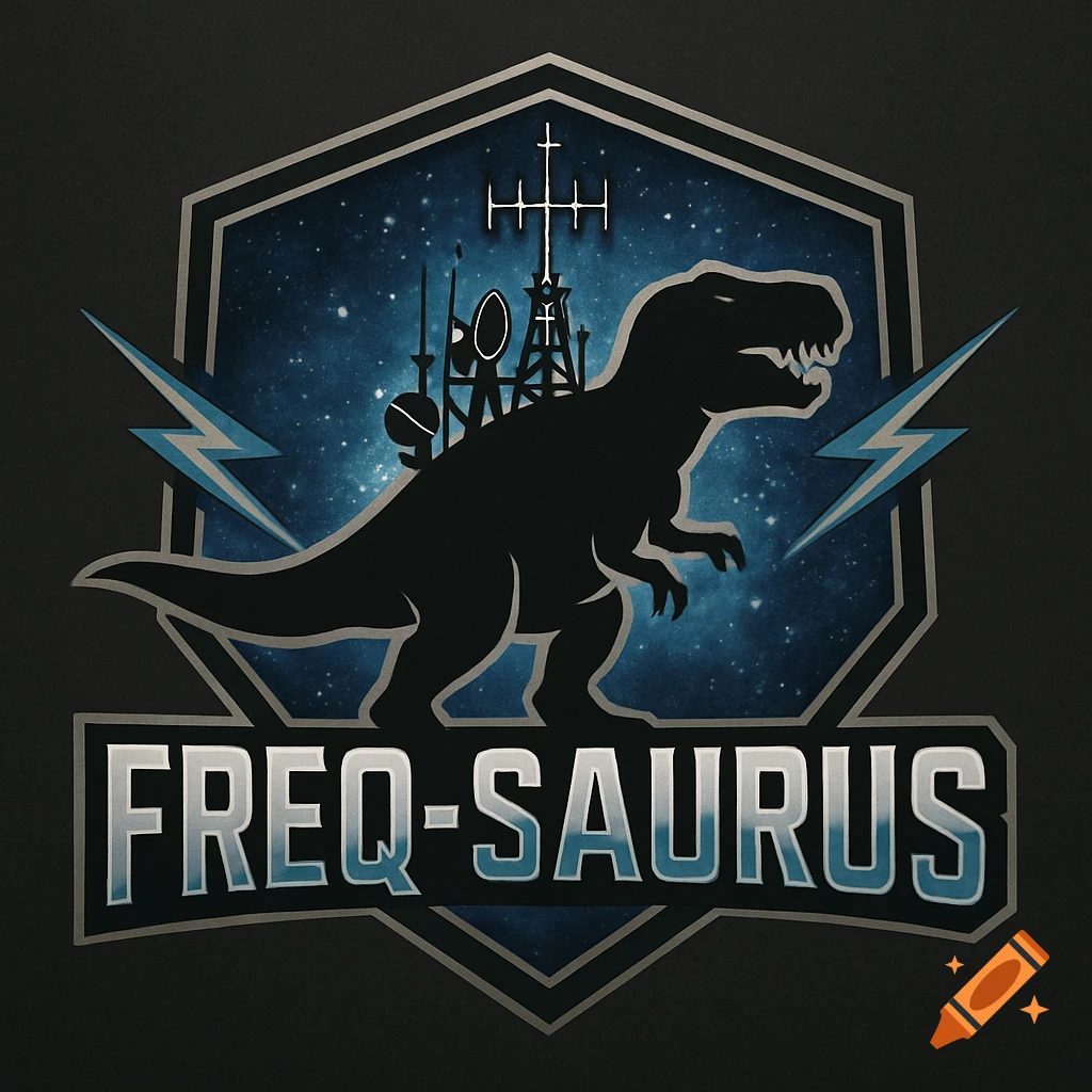 Military-style logo with a T-Rex silhouette over a starry background, featuring communication towers and lightning bolts, with 'FREQ-SAURUS' text below.