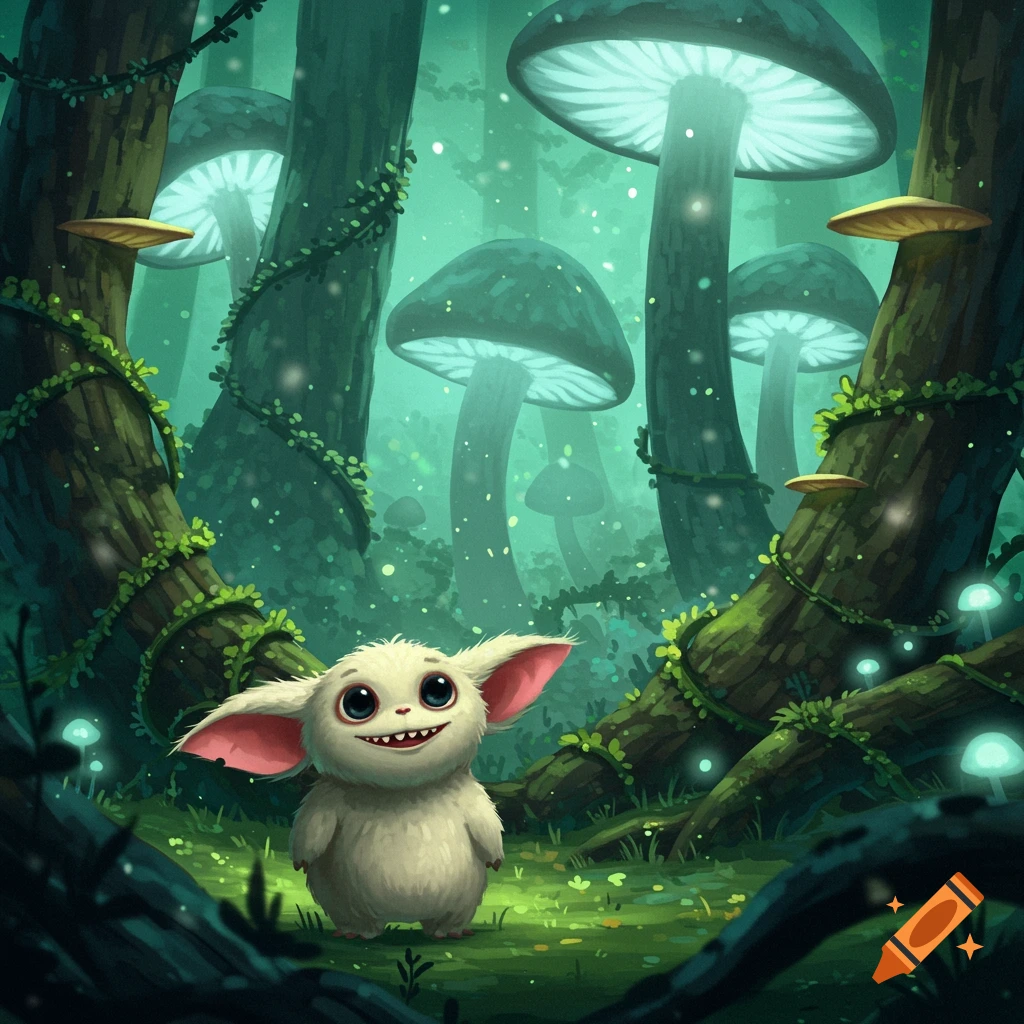 A cute, white, furry creature with large ears and a wide smile stands in a magical, glowing forest with large mushrooms.