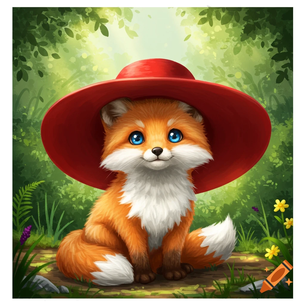 A cute, stylized orange fox with big blue eyes wears a large red hat, sitting in a lush green forest.
