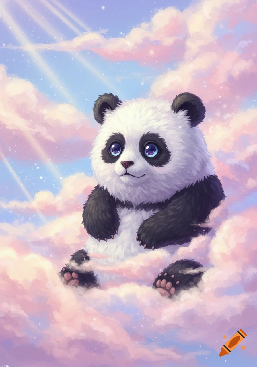 A cute fluffy panda with large blue eyes sits in pastel pink and purple clouds with rays of light shining down.