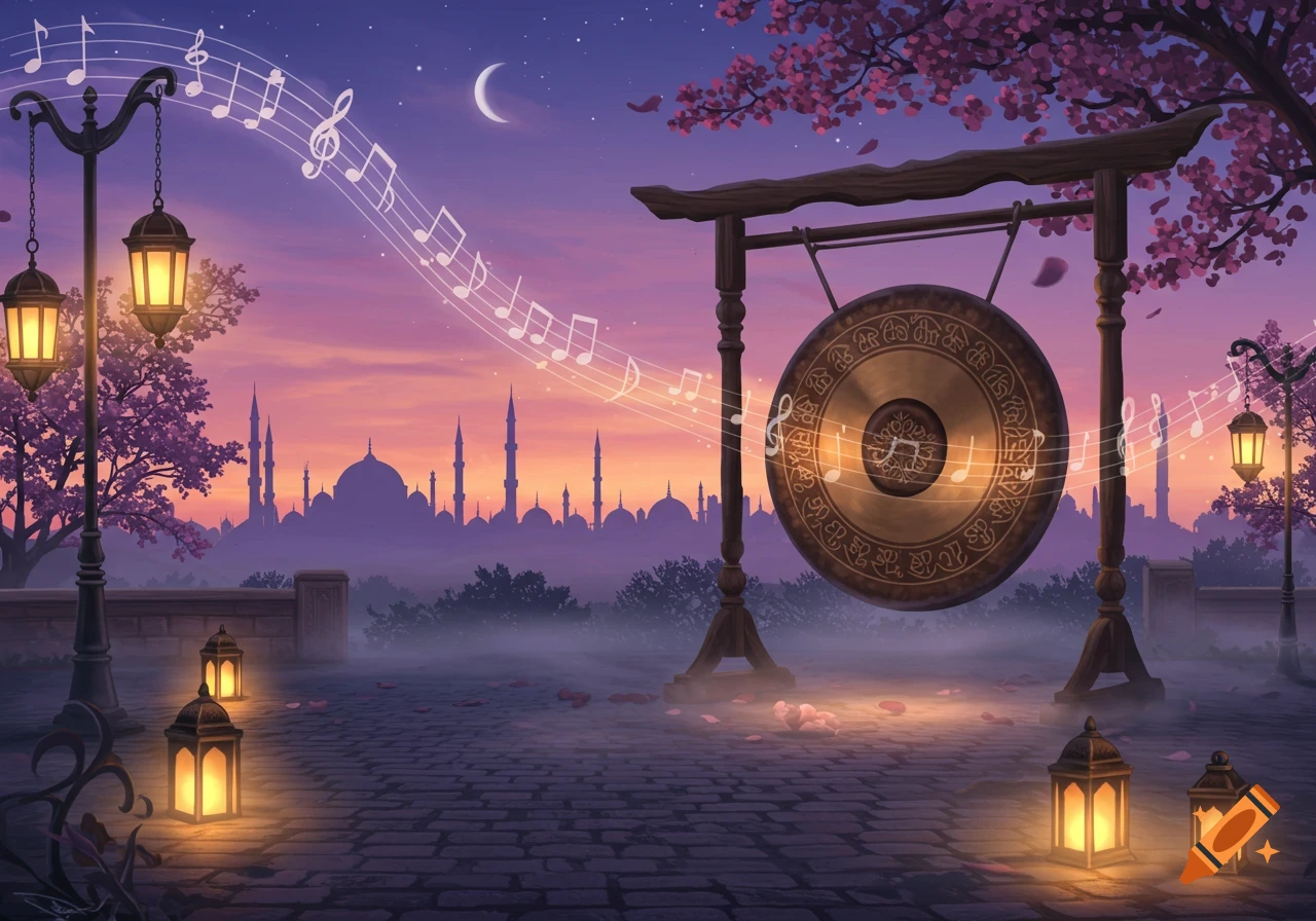 A vibrant fantasy cityscape at twilight with musical notes floating from a streetlamp towards a large gong, illuminated by lanterns and a crescent moon.