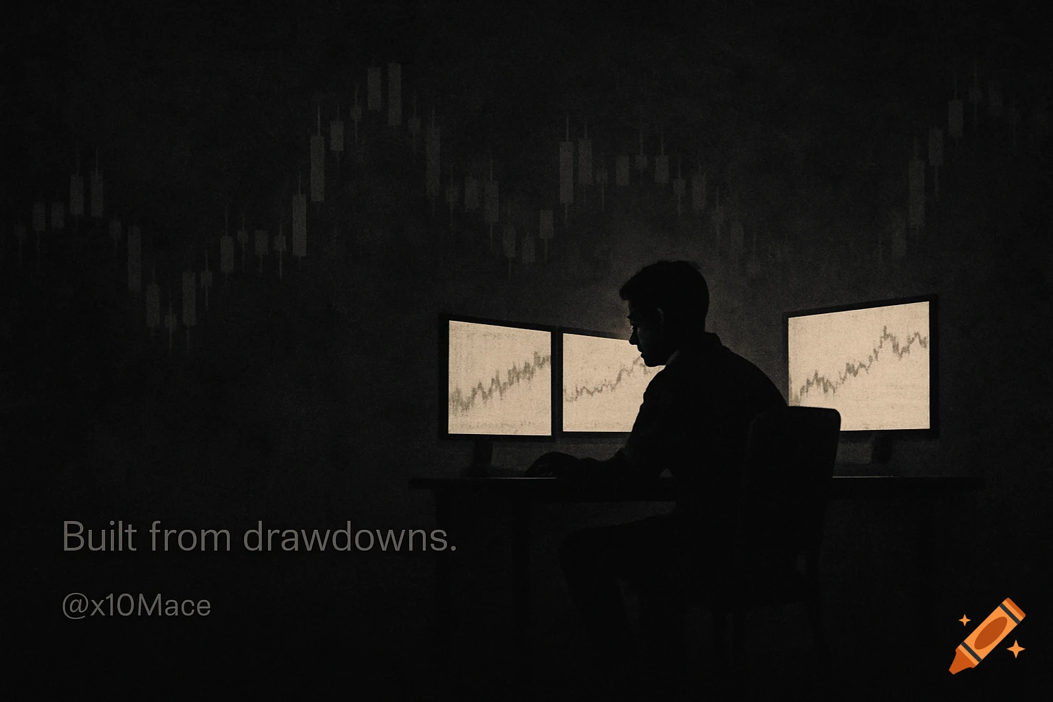 Silhouette of a person at a desk with two monitors showing financial charts, with "Built from drawdowns. @x10Mace" text on a dark, gritty background.
