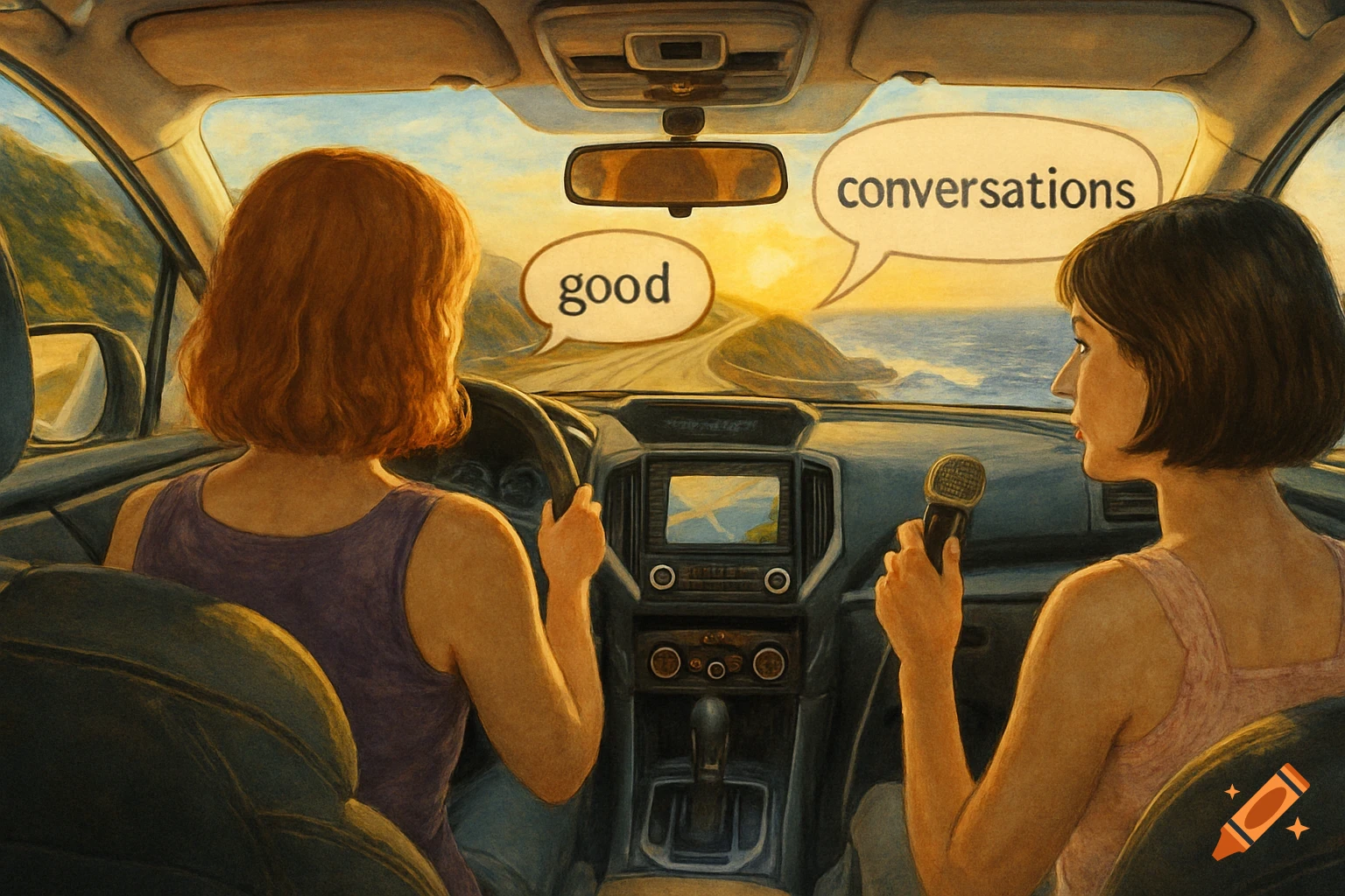 View from the back seat of two women in a car driving on a coastal highway. The driver has red hair, the passenger with a bob holds a microphone. Speech bubbles say 'good' and 'conversations'.