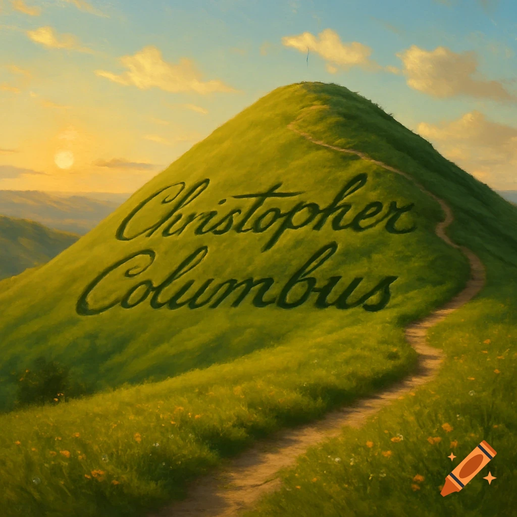 A large green hill with 'Christopher Columbus' carved into its side, under a golden sunset sky with a winding dirt path.