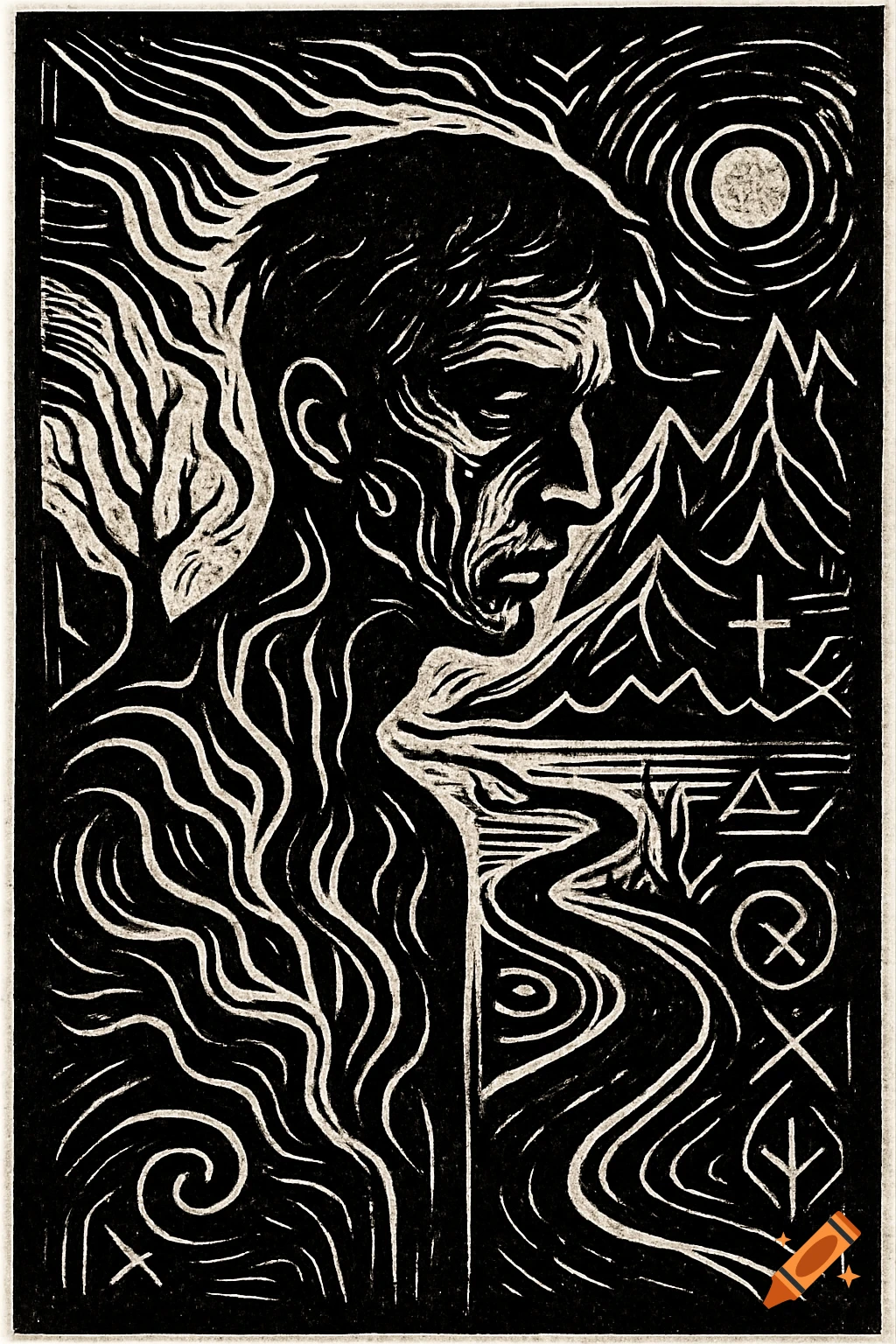 Black and white linocut of a distressed male figure in profile surrounded by wavy lines, with a tree, mountains, moon, and abstract symbols in the background.