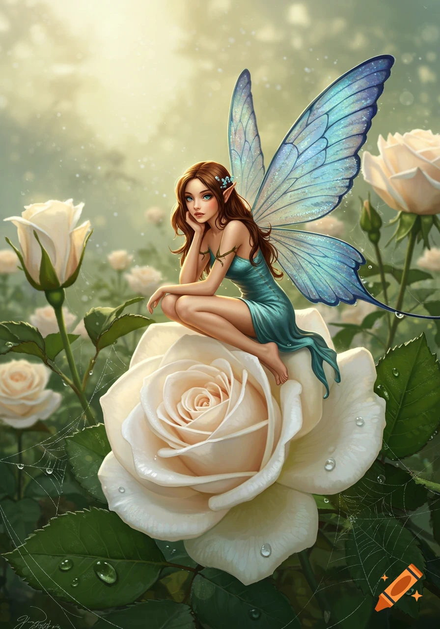 A brown-haired fairy with blue wings and a teal dress sits on a large white rose in a field of roses, detailed digital illustration.