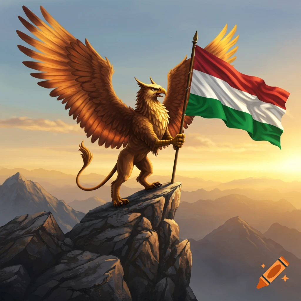 A majestic golden griffin with large wings stands atop a rocky mountain peak, holding a Hungarian flag against a sunset sky.