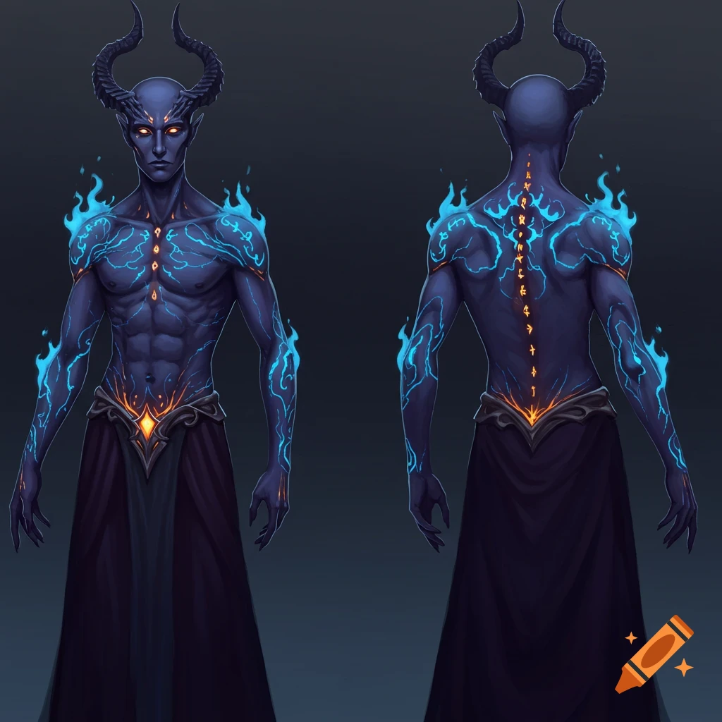 A blue-skinned horned demon character, with glowing blue flame patterns on its arms and chest, and orange runes on its back. Front and back view.