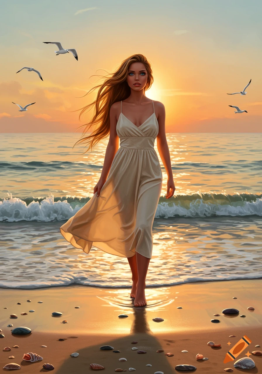 A beautiful woman with long flowing hair walks barefoot on a sandy beach at sunset, with seagulls flying over the ocean.