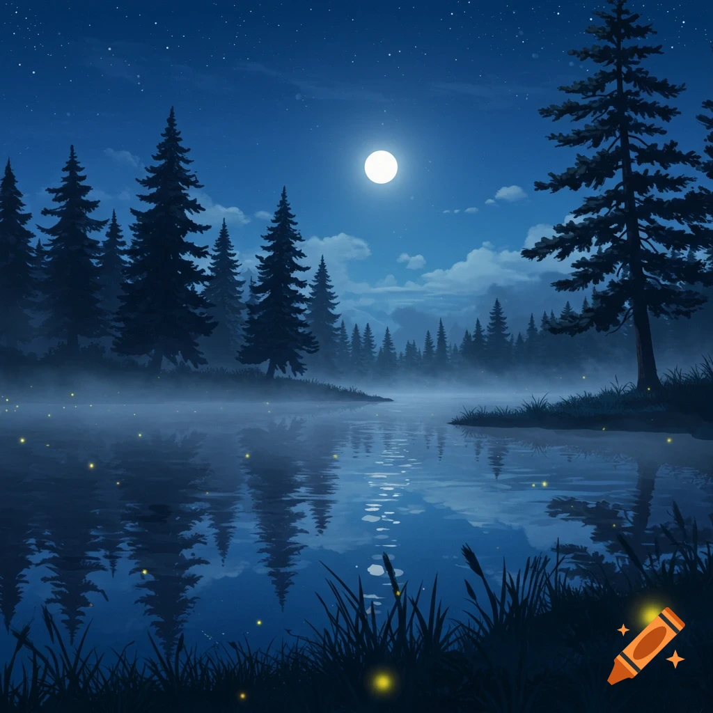 A serene night landscape with a full moon over a calm lake reflecting the moon and surrounding pine trees under a star-filled sky.
