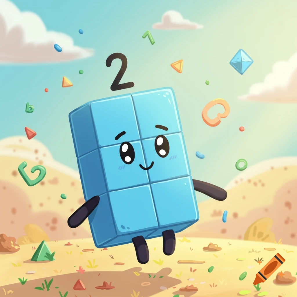 A cute blue block character, resembling a number block, smiles with the number 2 floating above its head in a cheerful cartoon landscape.