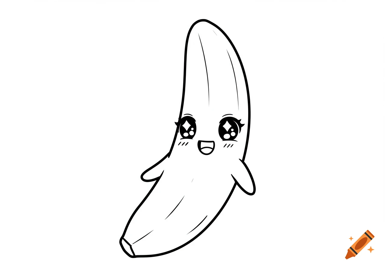 A cute kawaii banana with a smiling face and big anime eyes drawn in black and white line art.