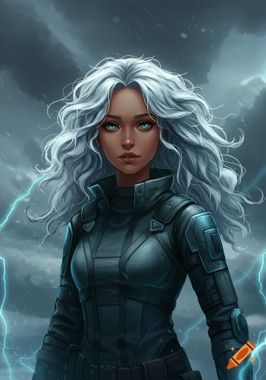 Anime girl with light brown skin, teal eyes, and curly white hair in a dark tactical jacket, against a stormy sky with lightning.