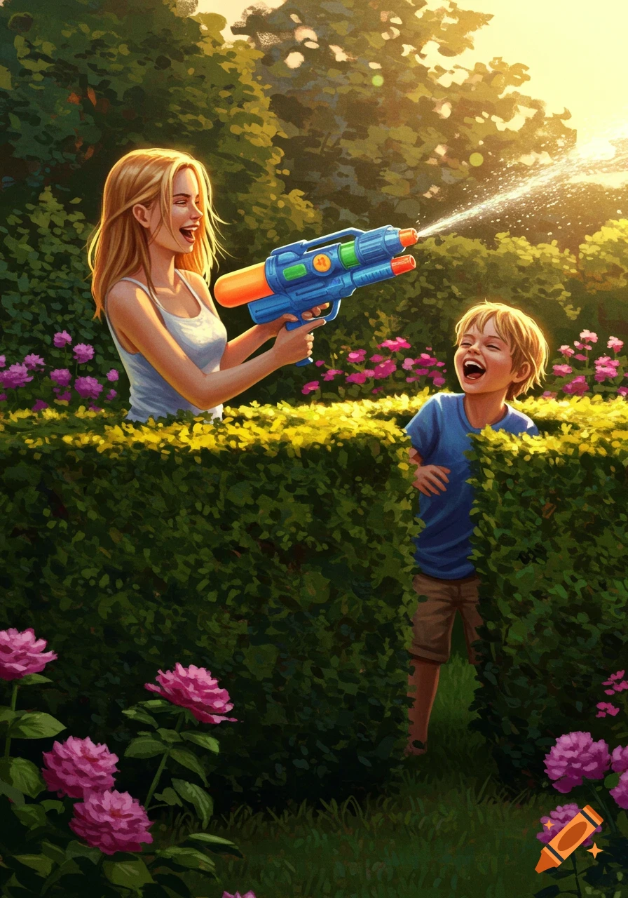 An illustration of a woman in a garden spraying a laughing boy with a water gun.