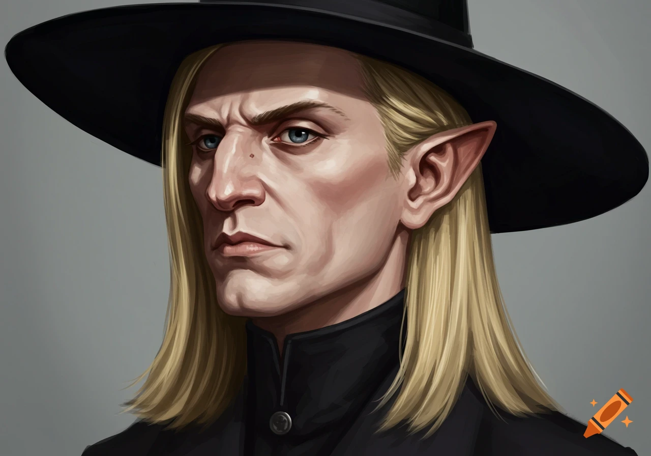A close-up portrait of a stern-faced male elf with long blonde hair, pointed ears, and a black hat.
