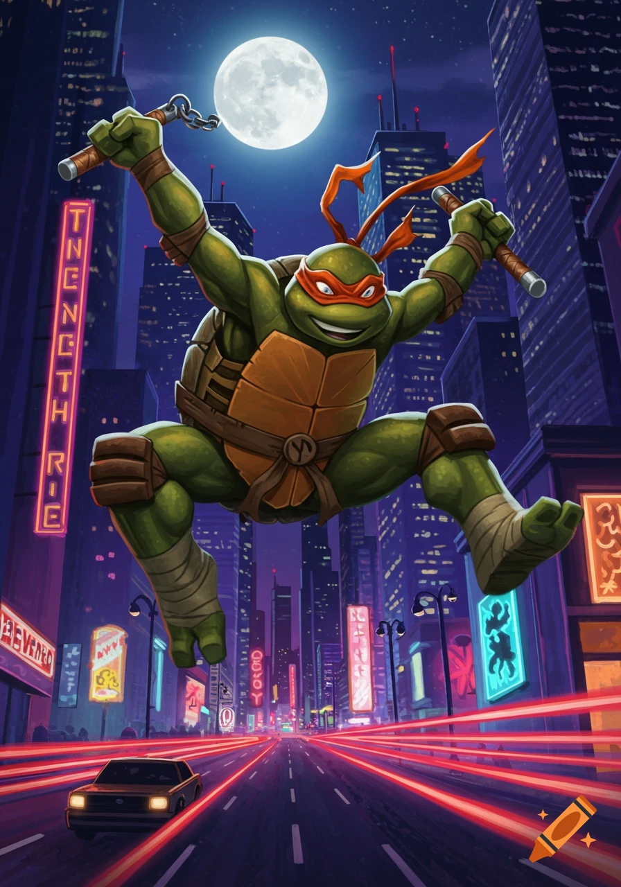 Michelangelo the Ninja Turtle jumps high above a neon-lit city street at night under a full moon.