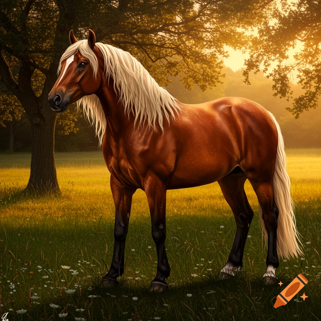 Brown horse with blonde mane and tail stands in a sunny, grassy field under trees.