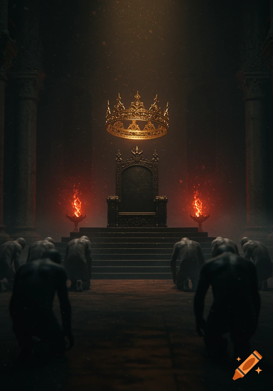 A golden crown hovers above a dark throne on steps, flanked by fiery braziers, with shadowy figures kneeling in a dimly lit, ominous hall.
