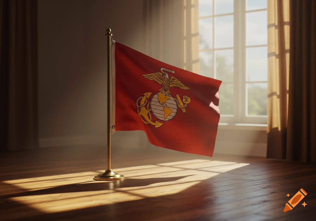 A photorealistic image of a Marine Corps flag on a flag stand, illuminated by sunlight from a window.