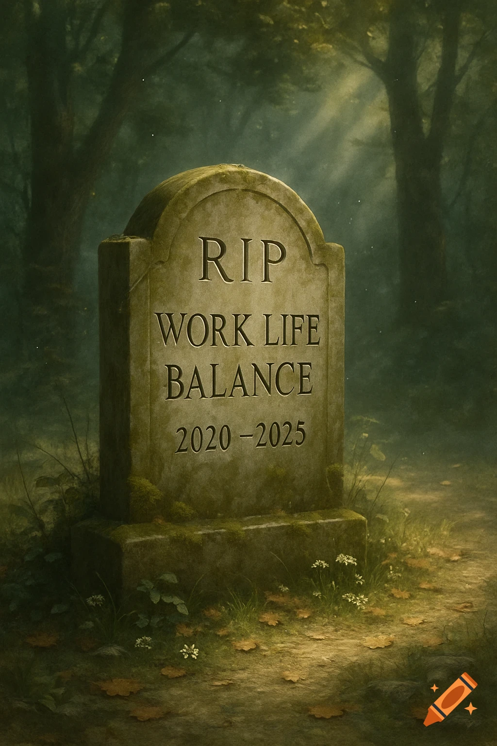 A photorealistic image of a weathered tombstone inscribed with 'RIP WORK LIFE BALANCE 2020-2025' on a mossy forest path, bathed in dappled sunlight.