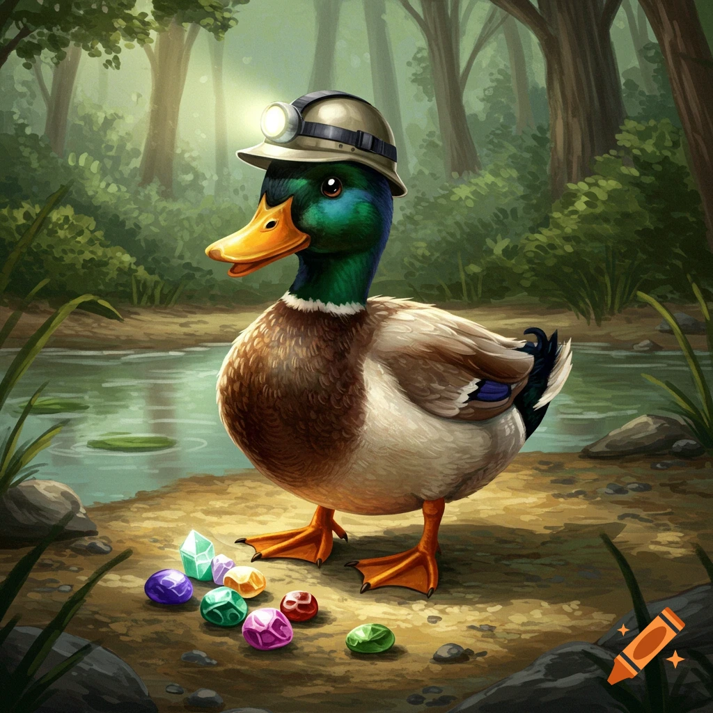 A cartoon duck wearing a mining helmet with a headlamp stands in a forest by a stream, surrounded by colorful gemstones.