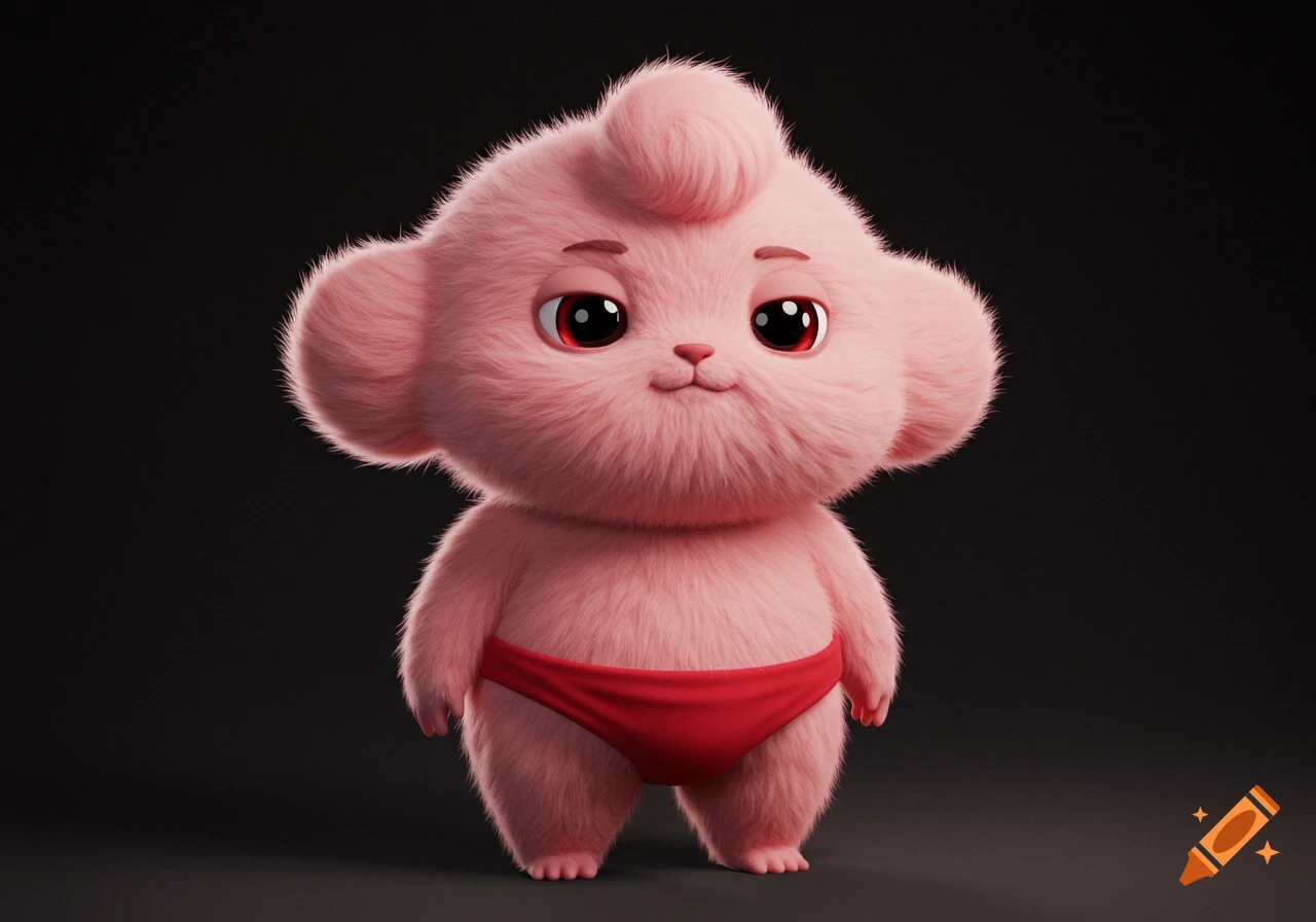 A cute, pink, fluffy cartoon creature with large red eyes and a red loincloth stands against a dark background.