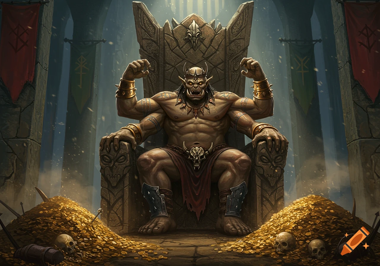 A powerful four-armed ogre with green skin and tusks sits on an ornate stone throne, surrounded by piles of gold coins and skulls in a dimly lit hall.