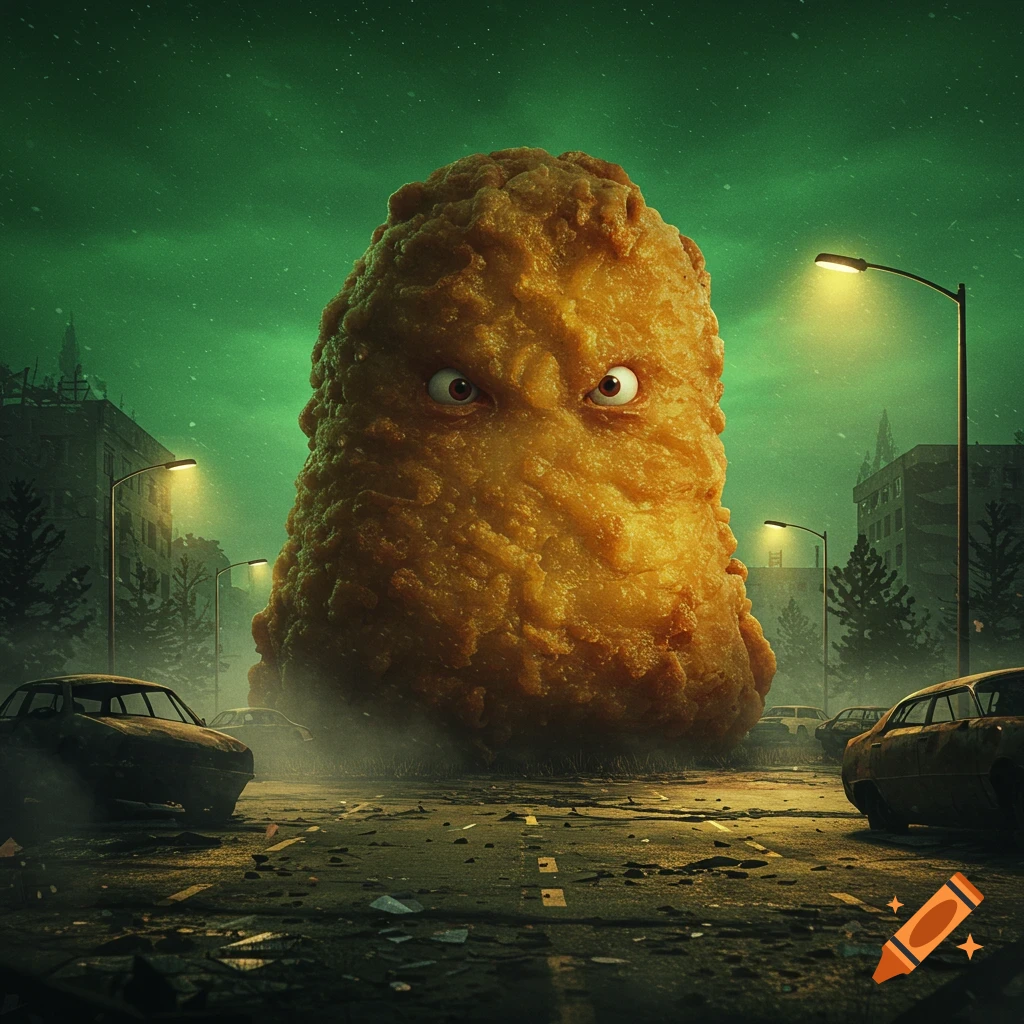 A giant, monstrous chicken nugget with glowing eyes stands in a ruined, dark city under a green, stormy sky, photorealistic style.