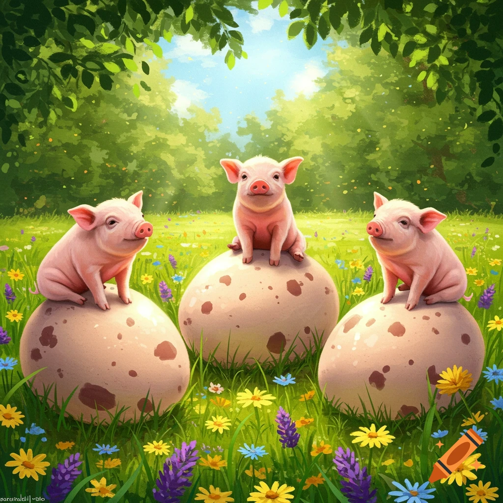 Three cute baby pigs sit on large speckled eggs in a vibrant green meadow with colorful wildflowers.
