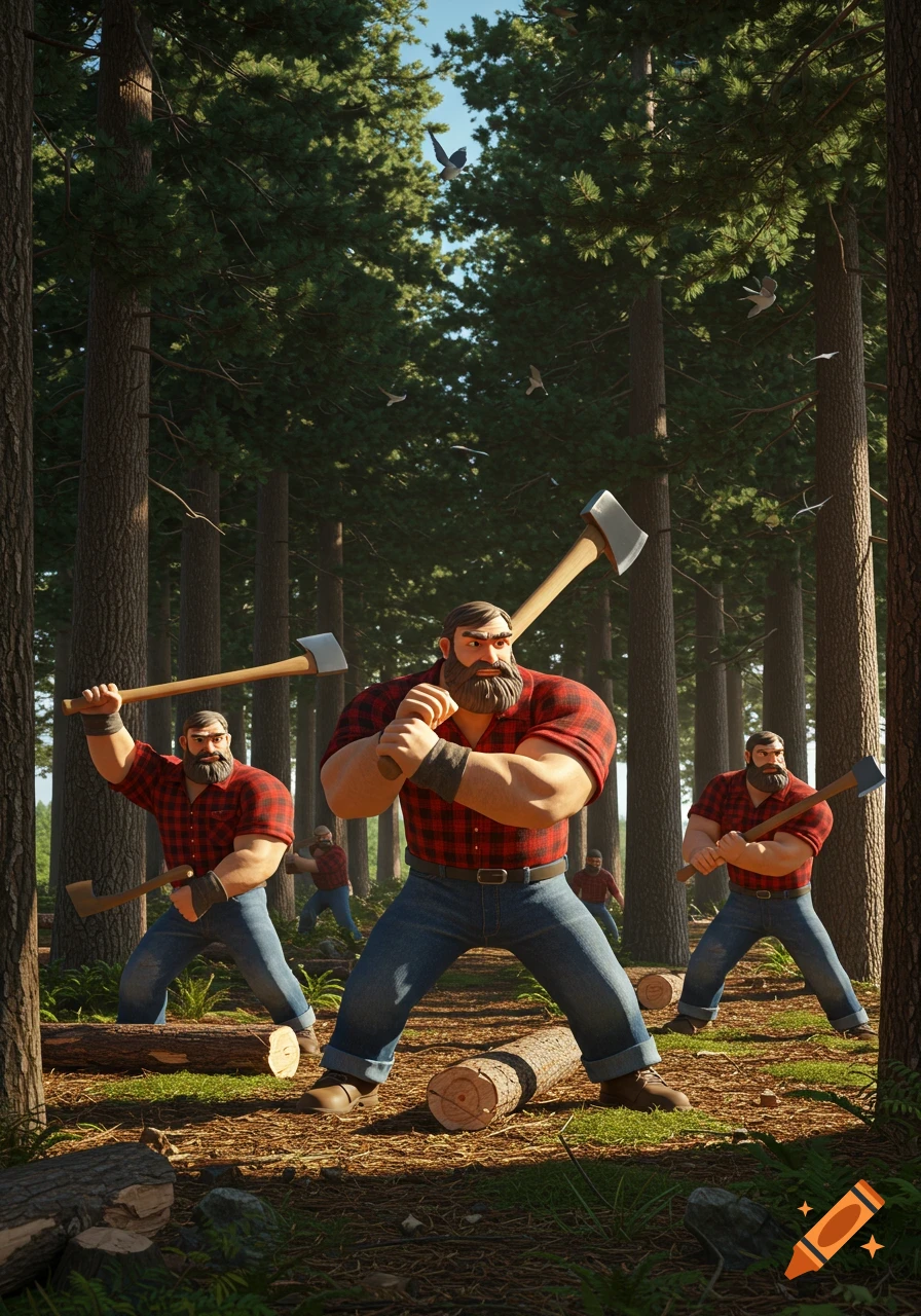 Stylized 3D rendered image of several burly lumberjacks in red plaid shirts and jeans, holding axes in a dense forest with logs on the ground.