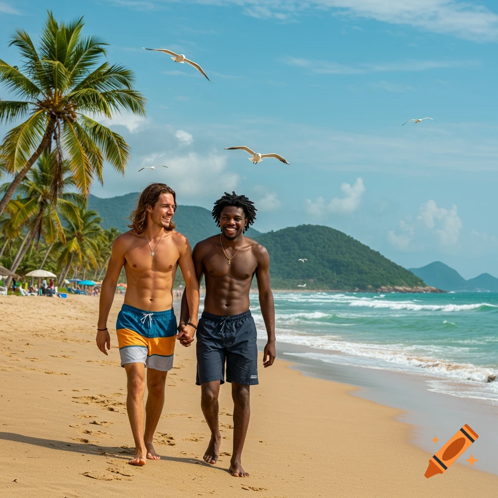 A happy male couple walks hand-in-hand along a sunny beach with palm trees and ocean in the background.