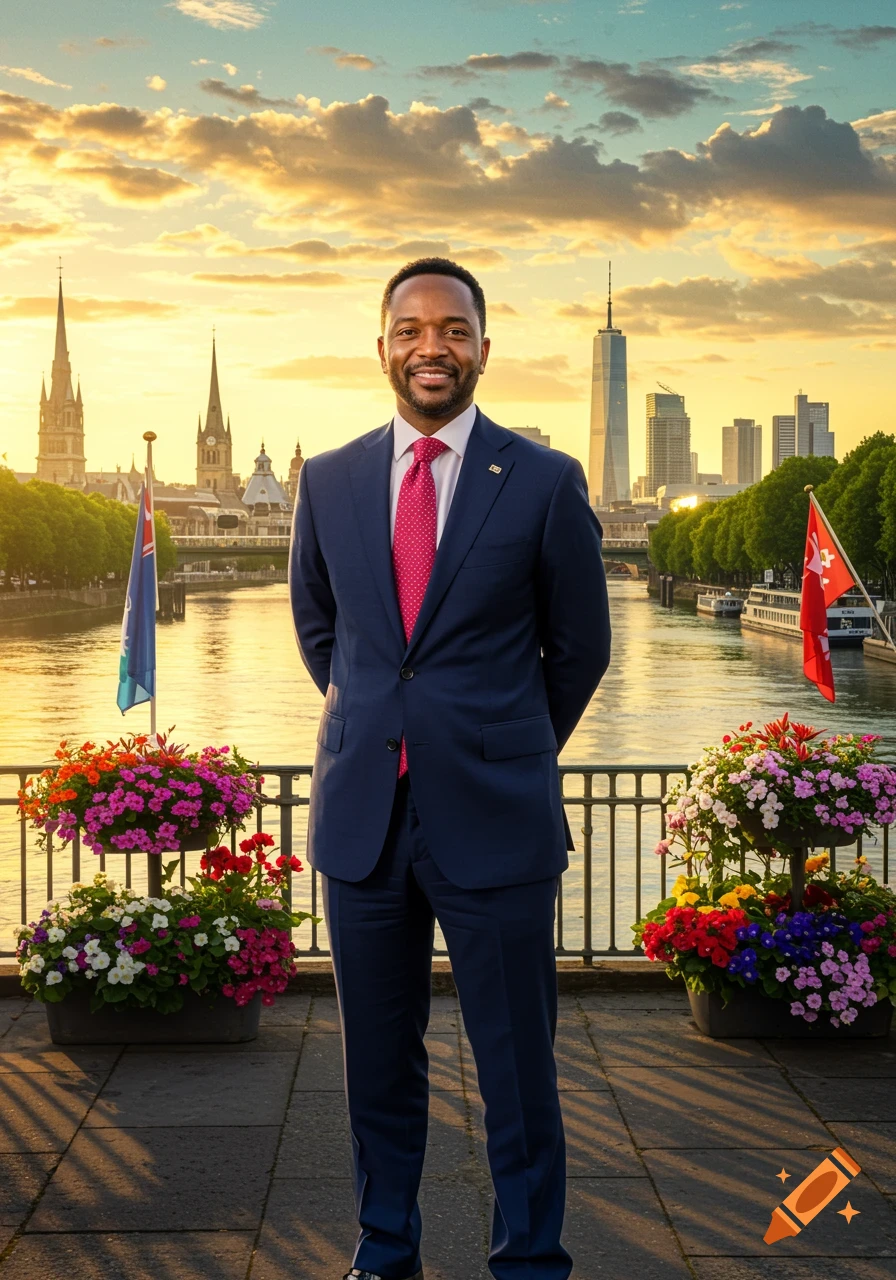 A smiling man in a suit stands on a bridge overlooking a river and city skyline at sunset, with flowers on the railing.
