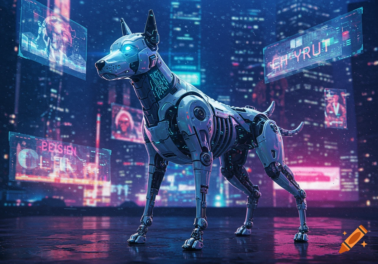 A photorealistic, detailed robot dog with glowing blue eyes stands on a wet street in a futuristic city with holographic screens and neon lights.